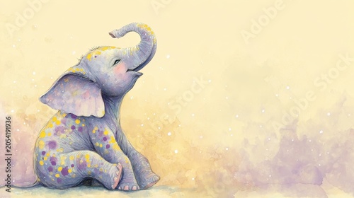 Watercolor illustration of a sleepy baby elephant with raised trunk and closed eyes, accented by yellow and purple spots