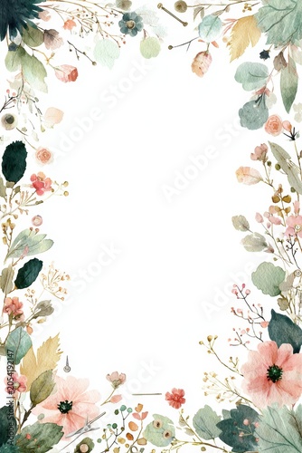 Watercolor sewing frame: geometric square border of tools and floral accents on white background