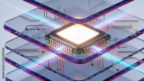 Extreme Close-Up Macro Photorealistic Render of Microchip Circuit Board with Glowing Core in Blue Digital Grid