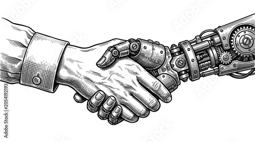 Human hand shaking a robotic mechanical arm symbolizing partnership and future technology
