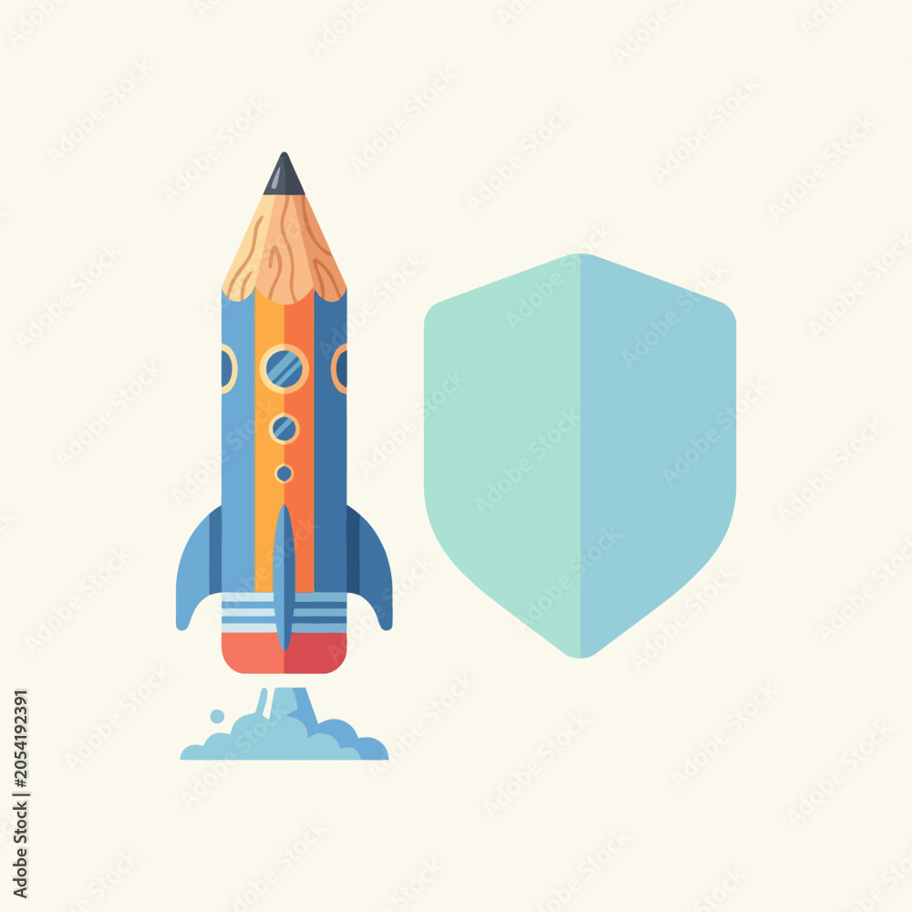 Fototapeta premium A stylized pencil rocket launches beside a protective shield icon