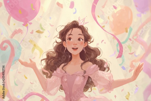 Whimsical pink party scene featuring a royal-inspired figure among balloons and ribbons