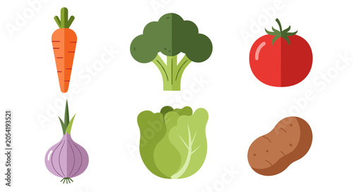 Collection of fresh vegetables including carrot broccoli tomato onion lettuce and potato flat design