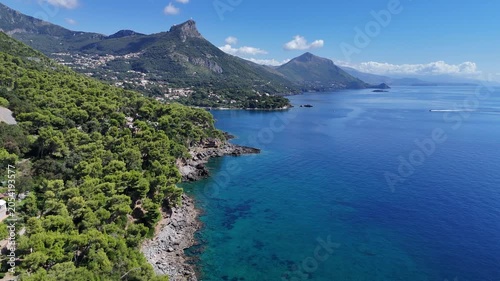 Scenic panoramic coastal view near Maratea, in the Basilicata region of Italy.