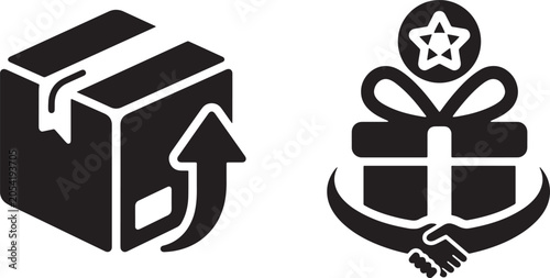 Bild auf Leinwand Art & Illustration, Vector illustration showing an open cardboard box with an outgoing arrow next to a gift box with a handshake emblem