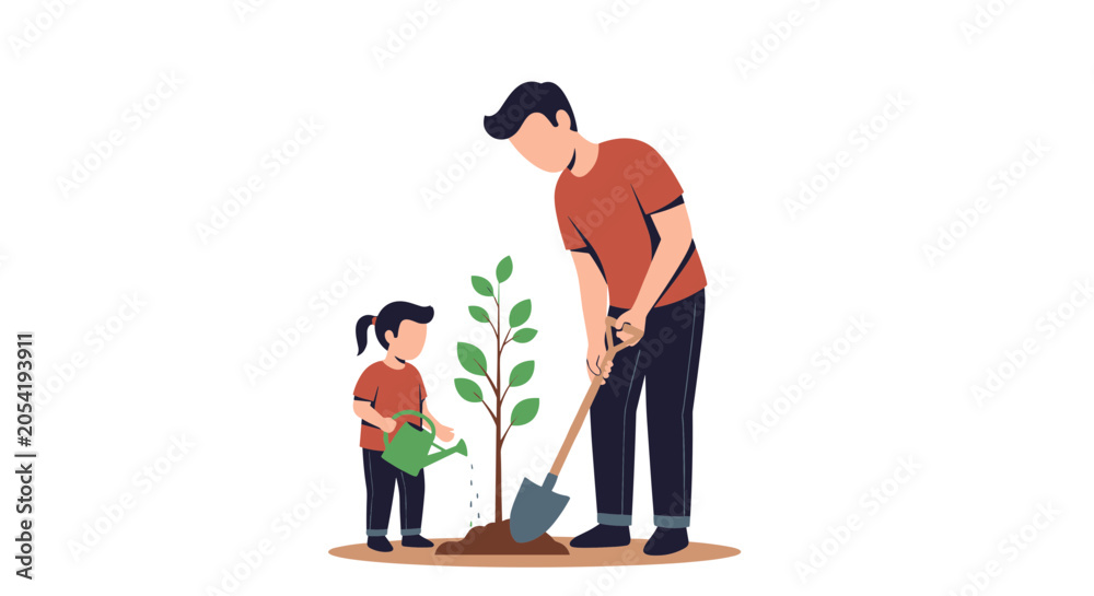 Fototapeta premium Father and daughter planting a tree together in a garden symbolizing family bonding and environmental care