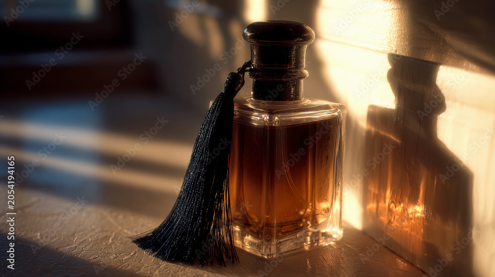 Naklejka premium Perfume bottle with black tassel in moody lighting on a table surface Generative AI