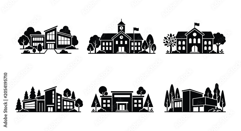 Naklejka premium Assorted Building Silhouettes Flat Vector Illustration On White Background