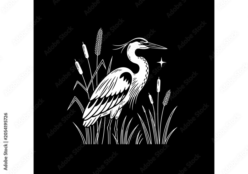 Fototapeta premium Heron bird in reeds line art illustration