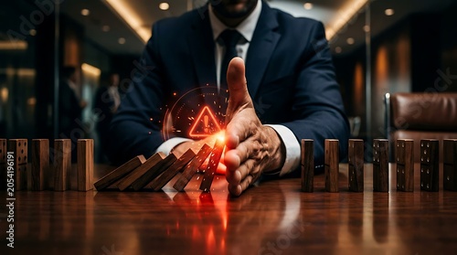 Professional businessman's hand preventing a cascade of falling dominoes, symbolizing crucial risk management and strategic crisis intervention in a corporate setting.