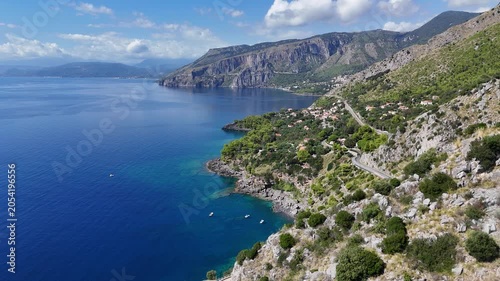 Scenic panoramic coastal view near Maratea, in the Basilicata region of Italy.