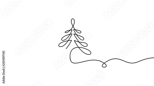 Christmas tree animation drawn with minimal continuous line art for holiday designs. Minimalist Christmas tree animation in single line drawing style on white background.