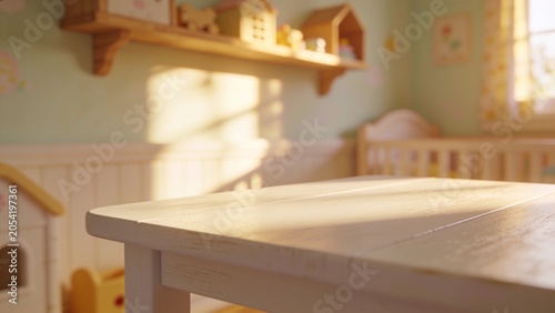 Empty wooden table in soft sunlight within a children's bedroom with background