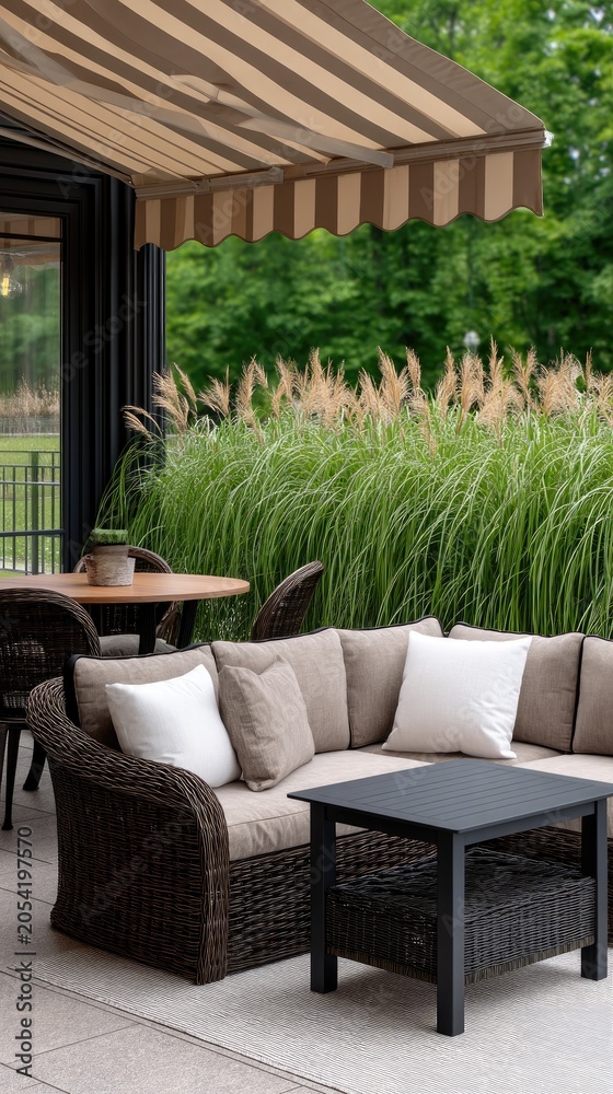 Fototapeta premium Spacious outdoor patio features light gray sectional sofa, coffee table, and dining area with large glass door in bright natural light