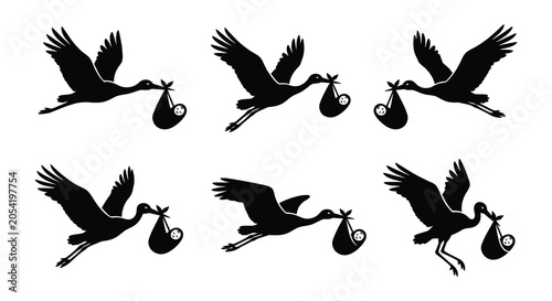 Photography Stork Silhouettes Carrying Bundles Black Vector Illustration On White