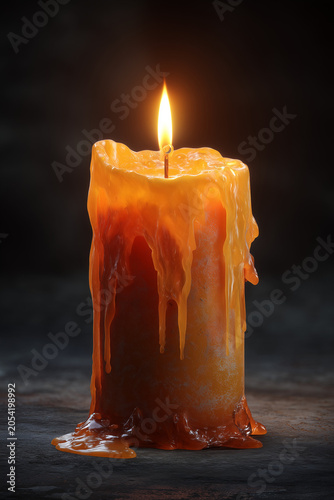 Orange melting pillar candle with dripping wax and burning flame on dark background.
