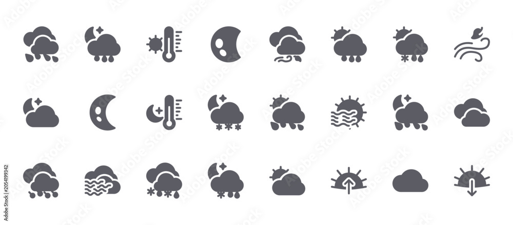 Fototapeta premium 24 filled Weather Forecast web icons such as cloud, snowy, rainy, half moon, windy. Solid vector glyphs for report, presentation, web design and mobile app