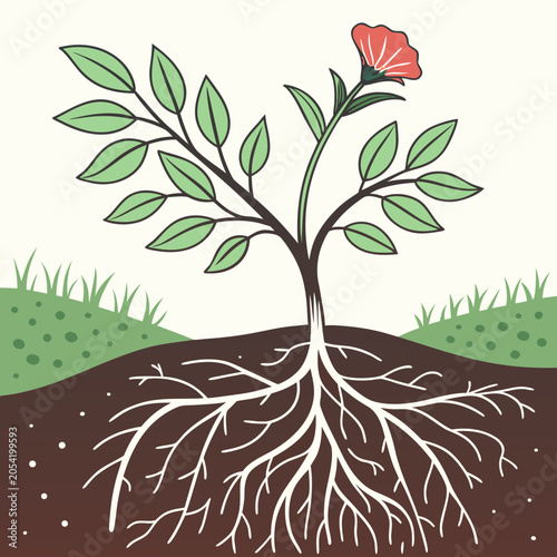 Εκτύπωση καμβά Illustration of a flowering plant with a single red flower and visible roots in
