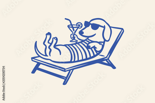 Tableau sur toile Cute cartoon dachshund dog wearing sunglasses relaxing on a beach lounge chair w