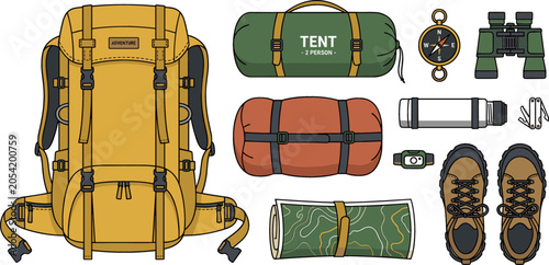 Outdoor Camping and Hiking Gear Equipment Set Featuring Large Backpack Sleeping Bag Tent Roll Map Boots Compass Binoculars Thermos Vector Illustration