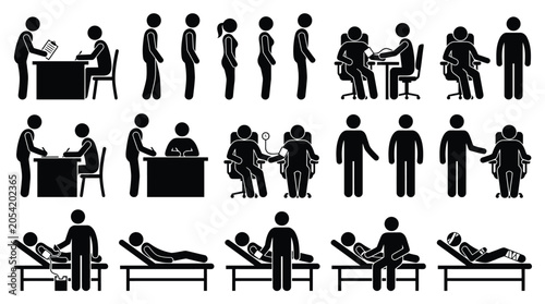 Human figure blood donation process pictograms, medical staff and patient in clinic.