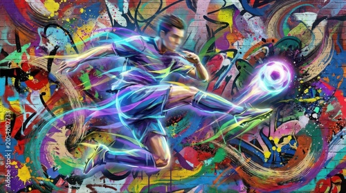 Man kicking a soccer ball with a glowing effect on a colorful graffiti background