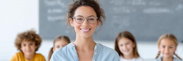 Female teacher portrait with glasses in classroom for juneteenth education banner and school poster featuring students and blackboard background
