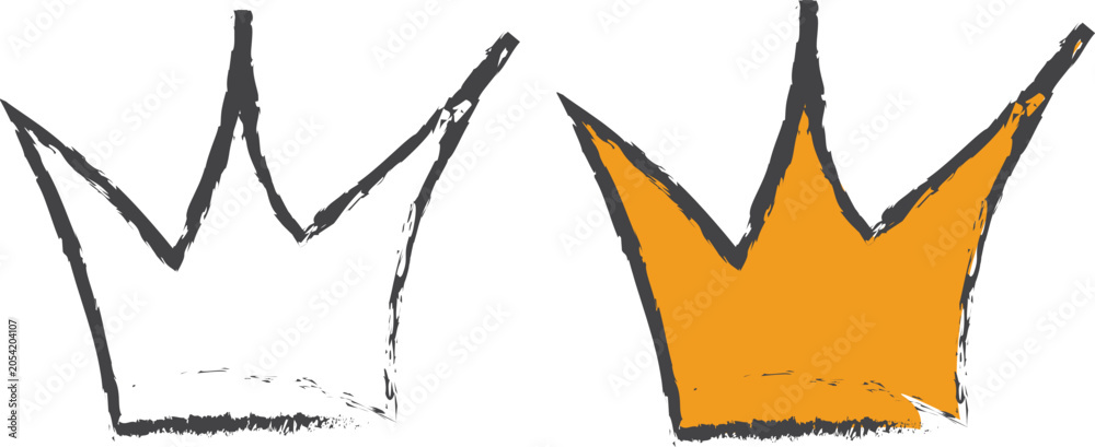 Naklejka premium Hand drawn crown icons with black outline and yellow fill, playful royal princess doodle symbols for kids party, stickers and greeting design