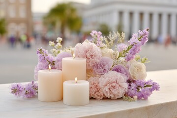 Juneteenth memorial candle arrangement with pink and lavender flowers and soft petals on public plaza table for memorial background and tribute banner design