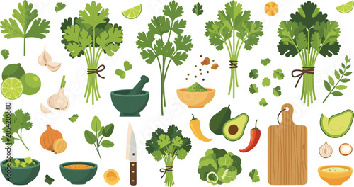 Bild auf Leinwand Mexican Cuisine Vector Illustration Featuring Cilantro, Lime, Garlic, Onion, Avo