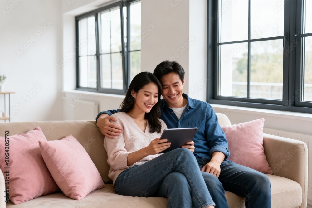 Obraz premium Couple using tablet on couch