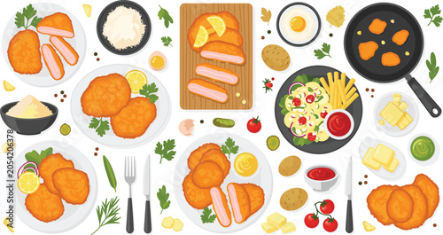 Canvas Print Fried Chicken and Comfort Food Vector Illustration Featuring Sausages, Potatoes,