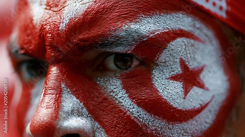 Closeup of an enthusiastic Tunisia football fans painted face showcasing the striking red and white design with a prominent crescentandstar on the cheek.