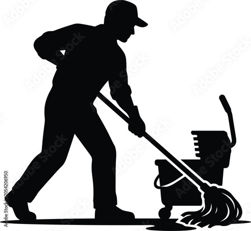 Konstfotografi Silhouette of a cleaner mopping the floor with a bucket on a white background ma