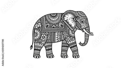Intricate black and white illustration of an elephant adorned with detailed mandala patterns and decorative motifs.