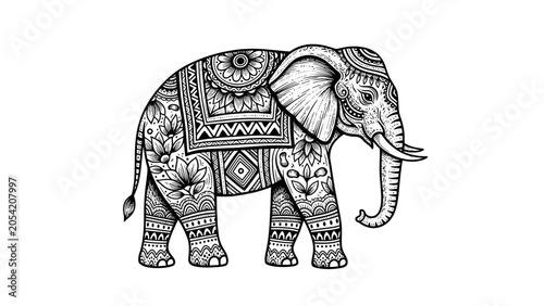Photos Intricately patterned black and white elephant illustration with detailed ethnic and mandala-inspired designs