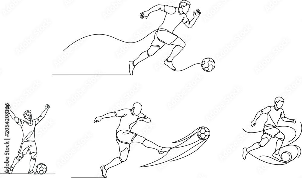 Obraz premium Line soccer players in various poses, kicking and celebrating