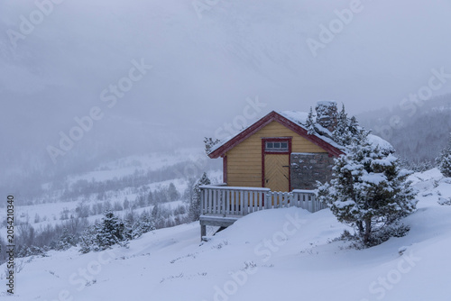 A beautiful wooden holiday home - cabin in the mountains in winter. A wintertime scenery in Geiranger Unesco World heritage area, Sunnmore, More og Romsdale, Norway.