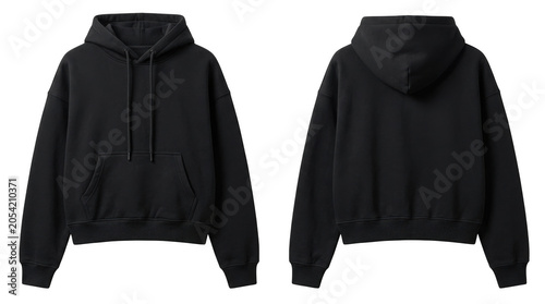 Black hoodie front and back view isolated on transparent background mockup
