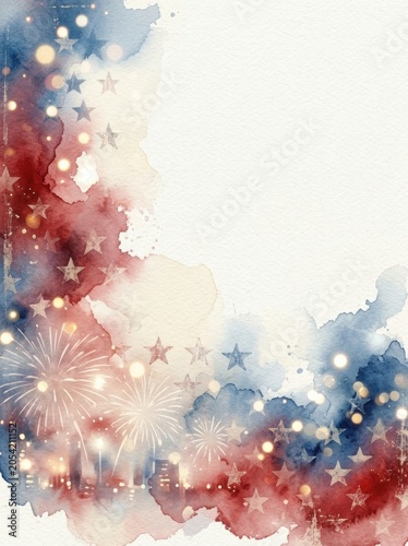 Watercolor splashes with bokeh lights and fireworks celebrating USA independence day 4th July