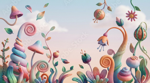 Whimsical Pastel Garden Landscape Featuring Surreal Clay Style Mushrooms and Flowers in a Dreamy Soft Sky Atmosphere