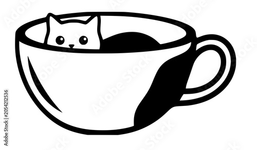 Obraz na plátně Cute black and white vector illustration of a cat sitting inside a large teacup, isolated on white background
