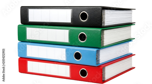 Stack of colorful binder folder with blank labels isolated on transparent background