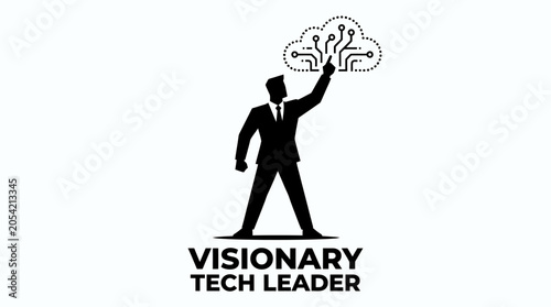 Visionary tech leader silhouette pointing to digital cloud computing icon