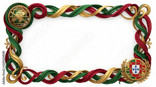 Decorative border with Portuguese flag colors and national symbols including armillary sphere and coat of arms for celebration