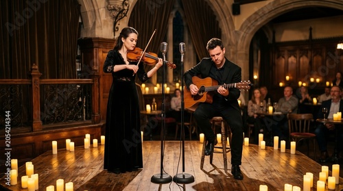 Musicians performing a candlelit concert, female violinist and male guitarist on a wooden stage.