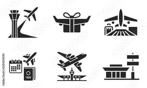 Aviation and airport infrastructure icons featuring control tower, runway, airplane, passport, and travel schedule.