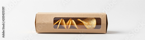 photorealistic image blank open cardboard cylinder box clear plastic window side containing tube crispy potato chips