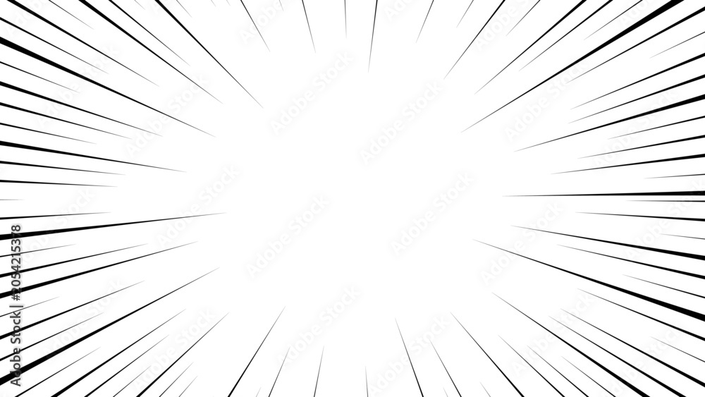 Fototapeta premium Explosion or burst black dynamic radial speed lines. Random speed or motion lines moving fast comic style for designs on PNG transparent background. Vector illustration.