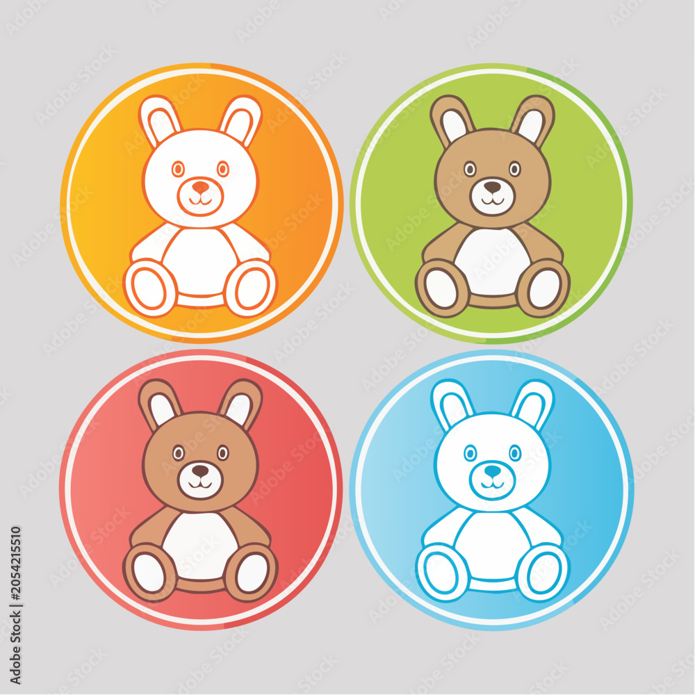 Obraz premium Set of four cartoon teddy bear icons in colorful circles